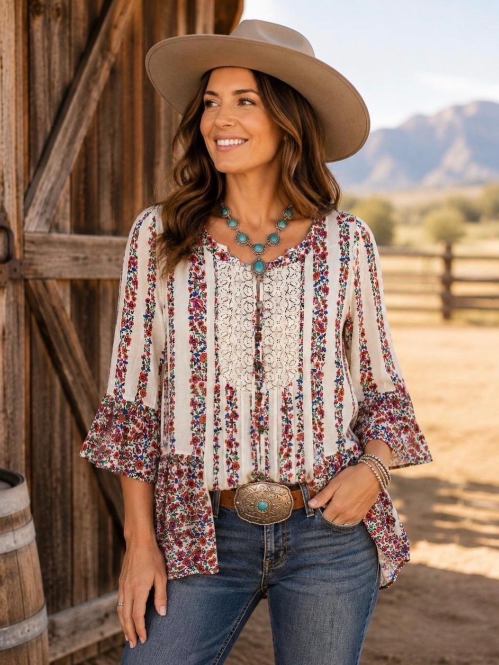 Maeve Cream Peasant Tunic with Red & Blue Floral Stripe - Anthropologie